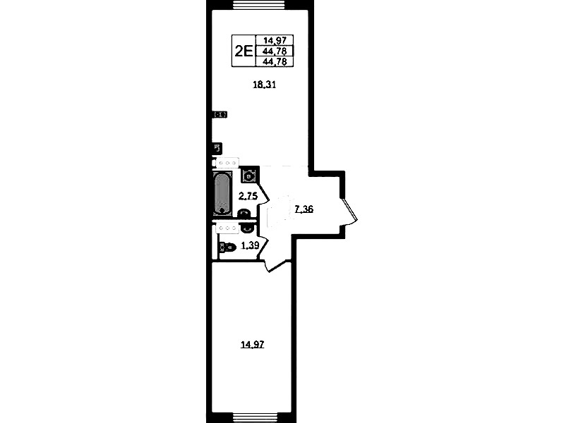 1-комнатная квартира 44.78 м², 9/13 эт., ЖК «Квартал Торики»